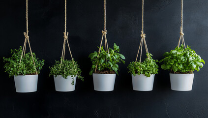 Five white canvas hanging planters, filled with a variety of fresh herbs, hang in front of a window and are placed against a matte black wall,