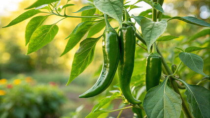 Green Chili peppers in field, Green Chilies growing in field in natural warm sunlight background