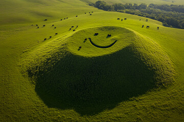 From the sky, smiling mountains rising from green grass fields, surrounded by herds of cows, create a peaceful rural landscape.