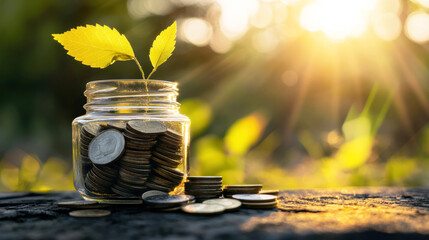 A green leaf with a yellow tip growing out of a glass jar filled with coins on a wooden surface with a blurred green background.