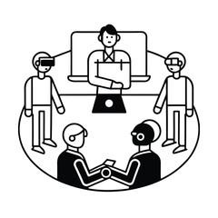 Hybrid business meeting with vr technology and remote devices for future work scenario vector line art on white background