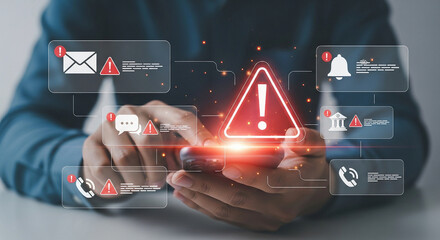 Person using smartphone with digital alerts and warning icons displayed