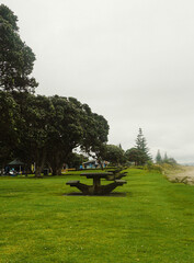 Beautiful view at Waipu beach in Whangarei, New Zealand on cloudy day.	