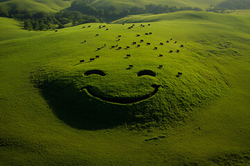 From the sky, smiling mountains rising from green grass fields, surrounded by herds of cows, create a peaceful rural landscape.