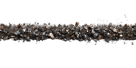 Textured Line of Dark Grey and Gold Rocks Minerals Stones on Transparent Background, Varied Cubic and Irregular Shapes for Geology Mining Concept, PNG