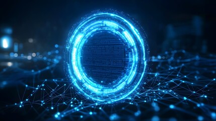 Abstract digital sphere with glowing rings and network.