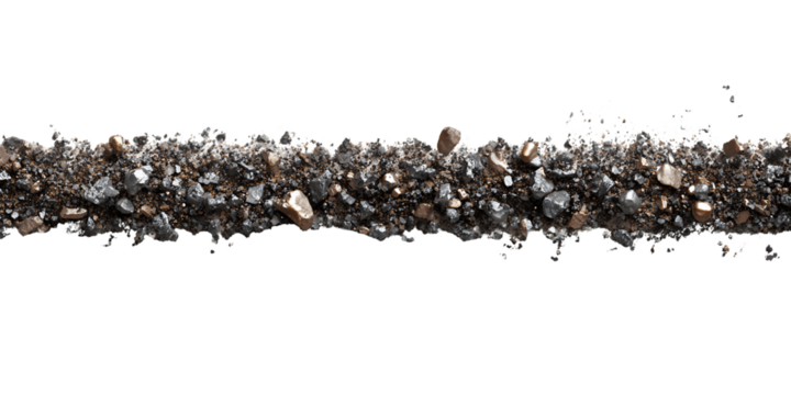 Textured Line of Dark Grey and Gold Rocks Minerals Stones on Transparent Background, Varied Cubic and Irregular Shapes for Geology Mining Concept, PNG
