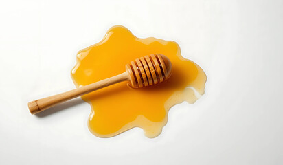 A wooden honey dipper rests in a pool of golden honey on a white background. Simple, natural, and appetizing image.