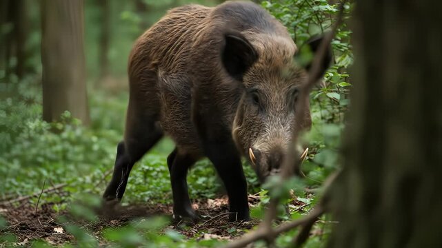 Wild boar traversing lush forest undergrowth, showcasing animal wildlife in their habitat
