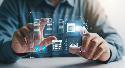 Person interacting with a futuristic holographic interface displaying financial data and invoices