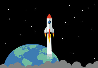 Rocket ship launching from planet Earth into space. Flat design illustration of a spaceship mission and startup concept.
