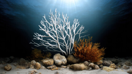 Obraz premium Underwater scene showing white and orange coral formations surrounded by rocks on the ocean floor with light rays penetrating the water surface.