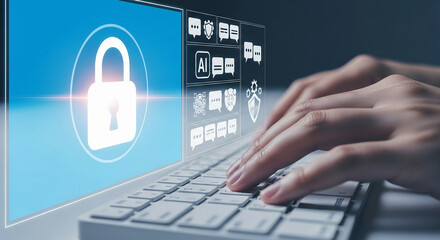 Hands typing on a keyboard with a digital interface displaying security icons and a lock