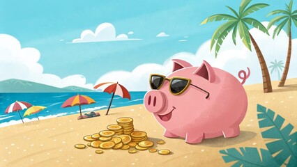 Piggy Bank Beach Vacation Illustration, Tropical Scene, Savings Goal, Financial Planning, Summer Fun. Piggy Bank, Summer Vacation