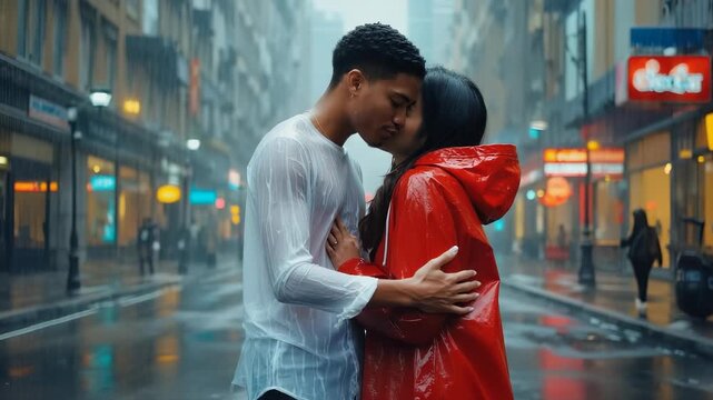 Under heavy rain, a couple embraces passionately on a deserted street. Their love shines through as they kiss, surrounded by dim city lights and the atmosphere of a rainy day