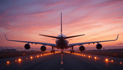 Airplane on runway at sunset with vibrant sky and city lights in the distance at the airport terminal