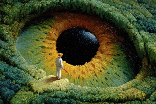 A human explores a surreal natural eye shaped landscape