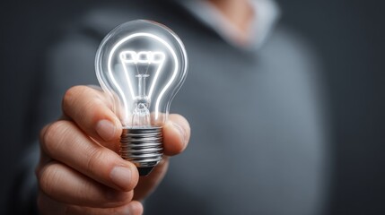 Businessman holding light bulb on dark background, closeup. Idea concept