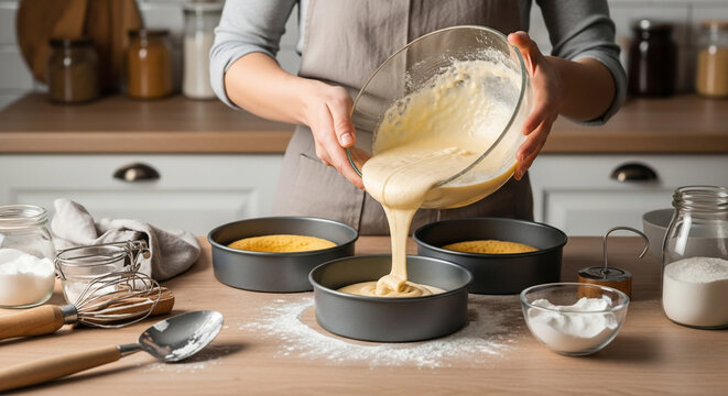 Woman pouring batter from a glass bowl into round cake pans on a floured surface, preparing to bake.