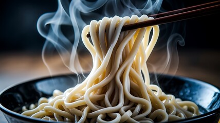 Steaming Noodles with Chopsticks in Black Bowl