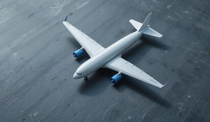 White airplane model on a dark gray surface. Top-down view. Simple, clean image perfect for travel or aviation concepts.