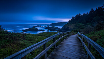 In the national park, a picturesque wooden boardwalk descends to the sea, surrounded by vibrant coastal greenery and rugged rocky mountains.