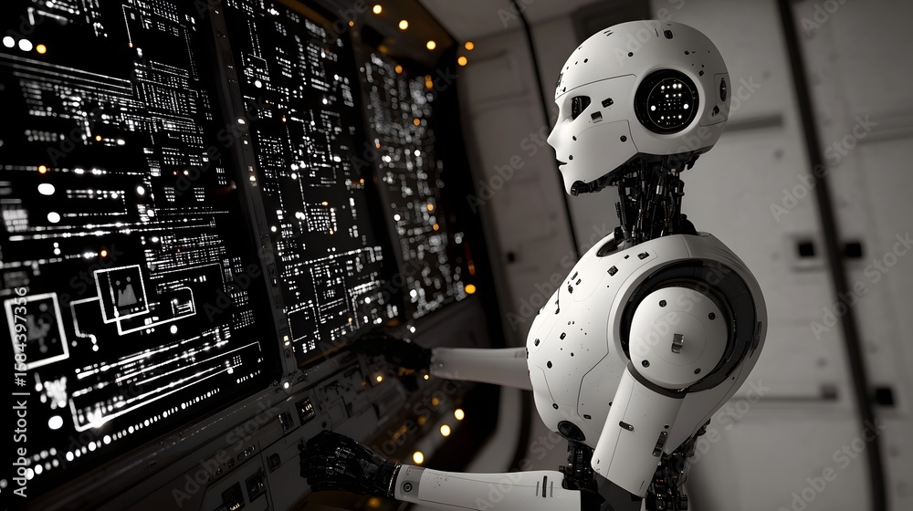 Poster white robot operating a complex system of screens.