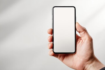 A hand grips a smartphone with a blank screen set against a blurred background Technology and advertising theme Close up image