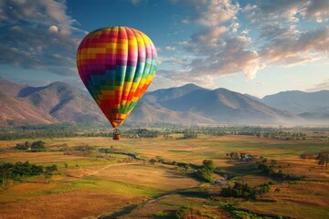 Obraz premium Vibrant balloon above a grassy area Outdoor adventure in a national park Travel idea