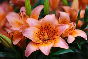 Fototapeta premium Large bouquet of blooming Stargazer lilies in pink and orange with greenery summer