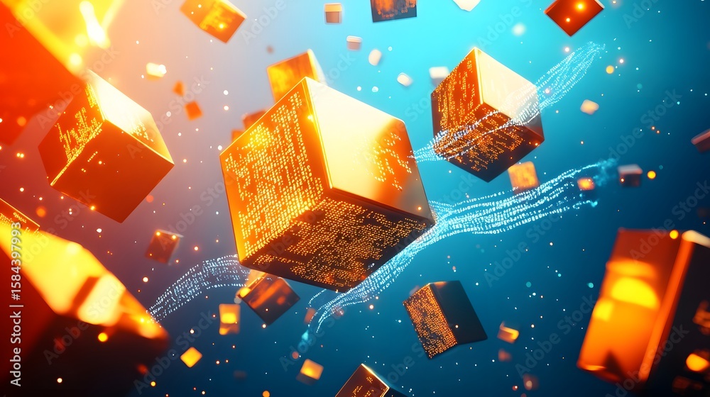 Poster floating cubes with glowing patterns in a dynamic digital scene.