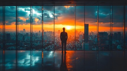 Businessman overlooking the city at sunset
