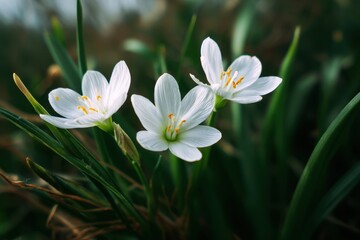 Three white blossoms in grass ideal for spring themed designs gardening blogs or nature publications