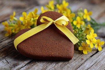 Large heart shaped gingerbread with yellow ribbon and flowers on a wooden backdrop