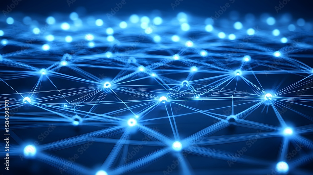 Poster a network of interconnected points and lines in a deep blue background.