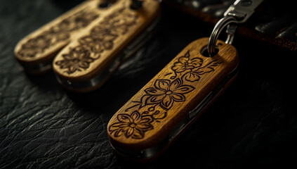On a black background, an engraved keychain featuring detailed wood grain textures and a sturdy leather strap is displayed, highlighting its rustic and technical design.