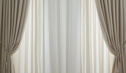 Elegant beige curtains framing a sheer white curtain. Soft light filters through. Perfect for interior design or home decor.
