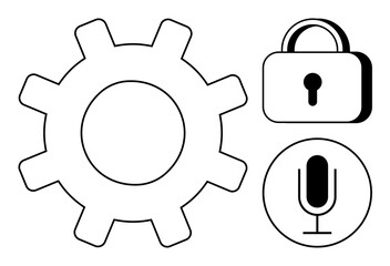 Gear symbolizing settings, padlock for security, microphone for voice input. Ideal for technology, privacy, innovation, voice control, navigation, configuration simple landing page