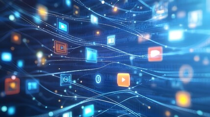 Abstract illustration of interconnected media icons.