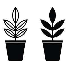 Two Potted Plant Icons with Leaf Variations, Black Silhouette on White Background