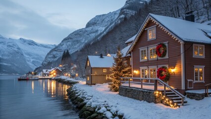 Snowy Fjord Village Christmas Eve Illuminated Houses, Winter Landscape, Festive Decor, Norway, Christmas Lights Norway, Christmas