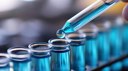 A hand holding a blue dropper over a row of test tubes filled with blue liquid.