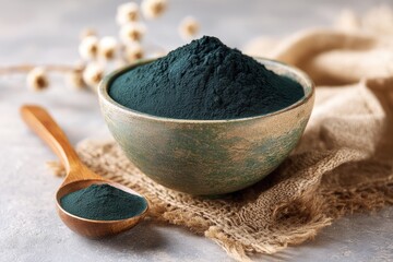 Bowl of chlorella and spirulina powder Superfood drink for detox rich in protein and beta carotene