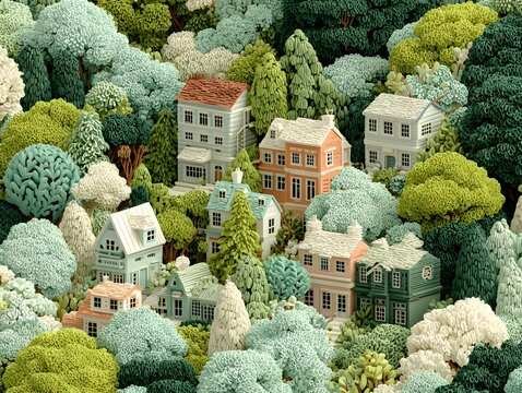 Cozy homes nestled in a whimsical detailed neighborhood surrounded by lush trees and nature