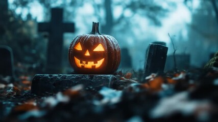 A carved pumpkin rests on a tombstone in a foggy graveyard - Powered by Adobe