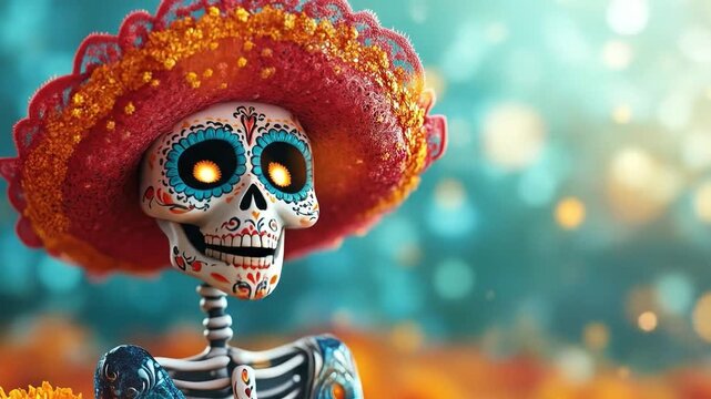 A calavera skeleton wearing a colorful sombrero and adorned with intricate face paint