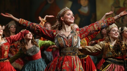Naklejka premium Majestic Performance of Traditional Dance with Colorful Costumes
