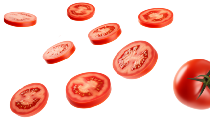 Freshly cut tomato slices are floating isolated on transparent background