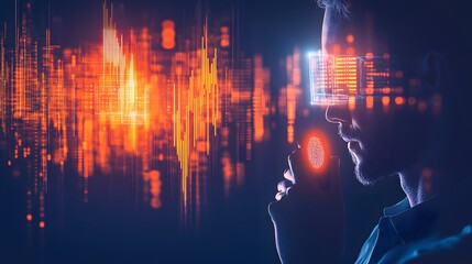 Futuristic man with holographic overlay of data and fingerprint.