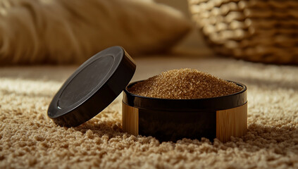 On the soft carpet sits a bamboo and black plastic jar, filled with a generous amount of brown sugar, the open lid revealing the thick, textured sweetness inside.